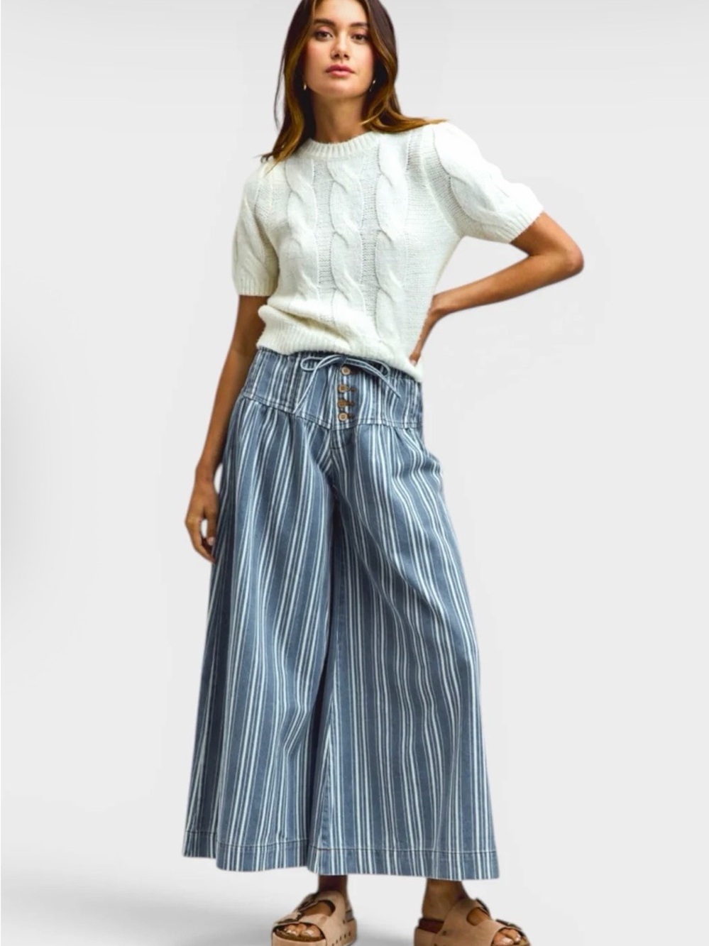 So Me Blue and White Striped Wide-Leg Ankle Jeans